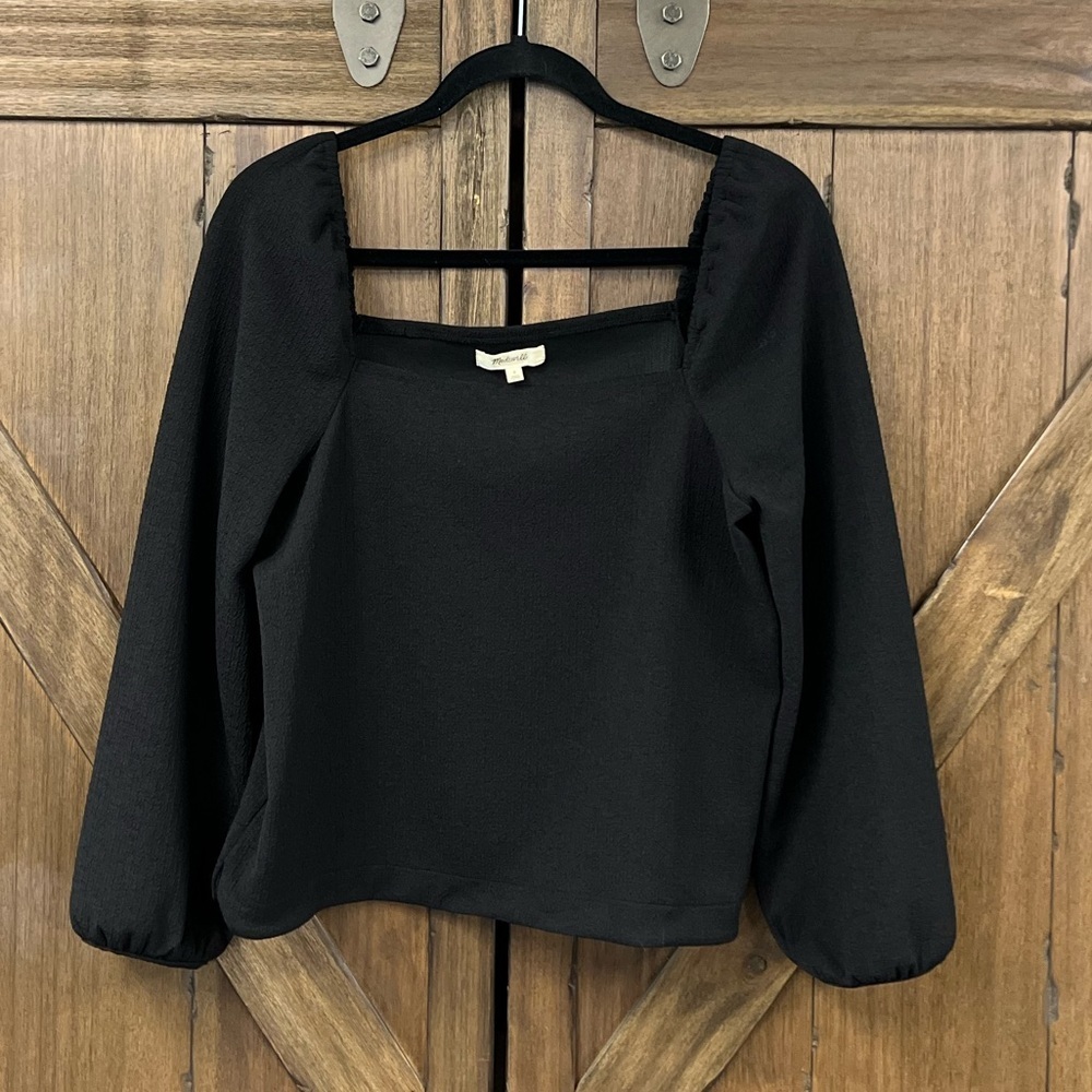 Madewell Crepe Square-Neck Puff-Sleeve Long Sleeve Top True Black Size Small - Picture 4 of 8